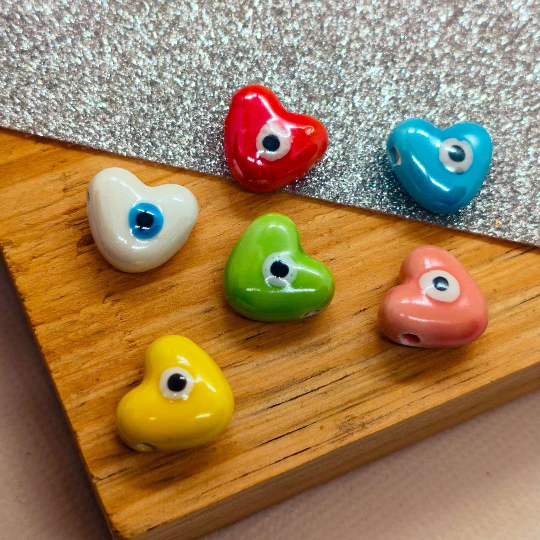 Pasador Ceramica Corazon Ojo Turco 15 mm - Paquete de 6 Unidades